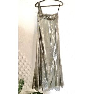 DAVID MEISTER GUNMETAL SILVER ONE SHOULDER GOWN